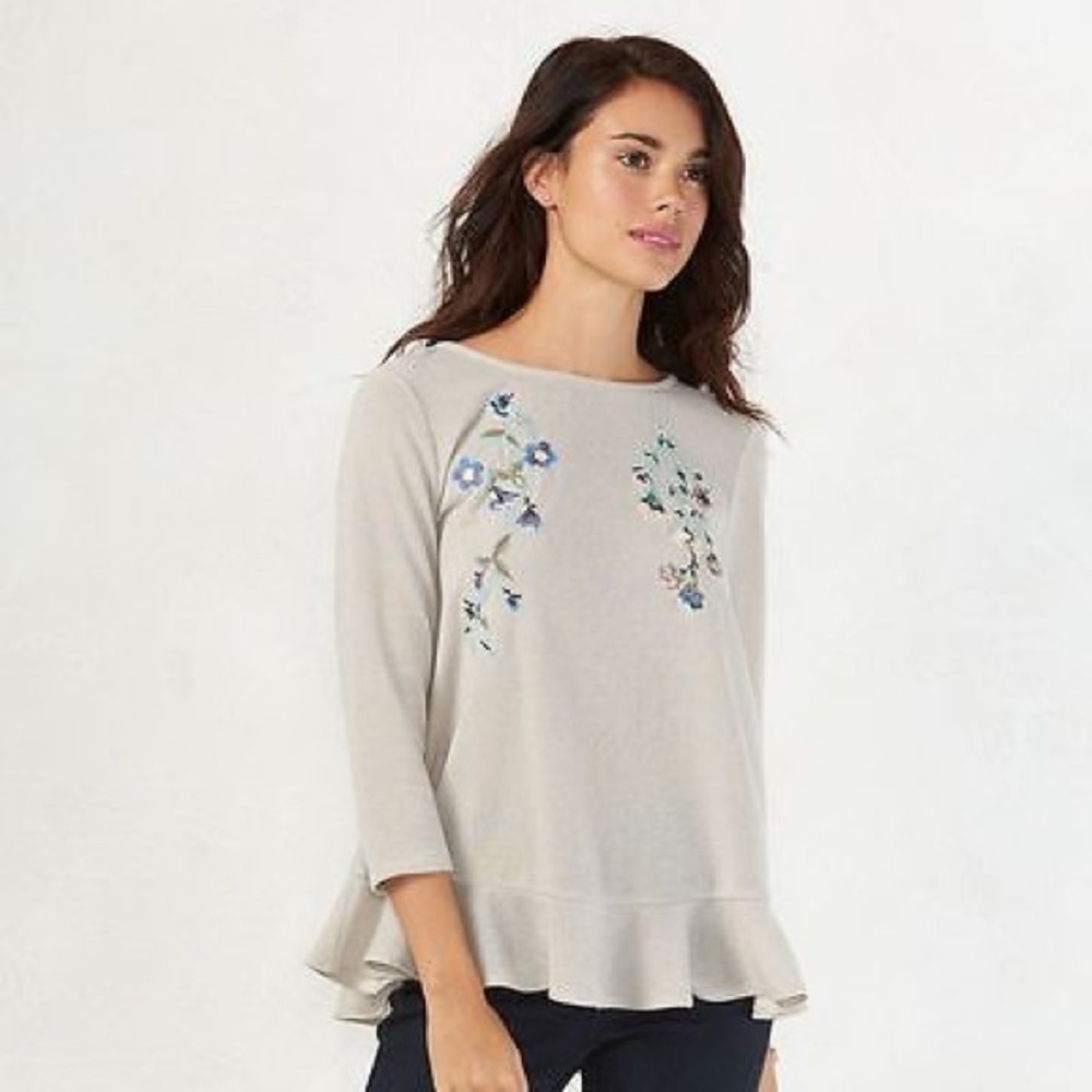 LC LAUREN CONRAD Sweater Gray Floral Embroidered Boho Peplum Sizes S XL - Picture 2 of 6